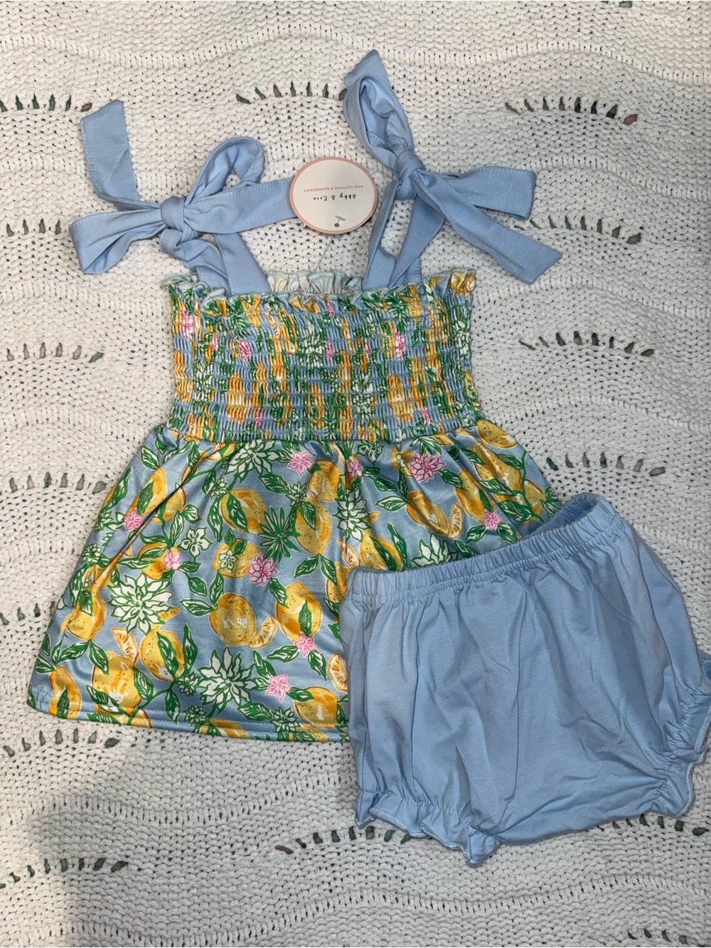 NWT Abby & Evie Light Blue Floral Smocked Baby Dress with Bloomer Set